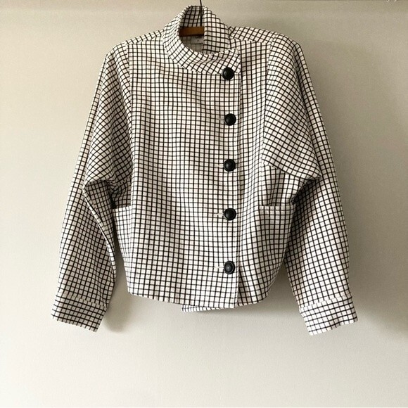 Cabi | 3173 Windowpane Jacket Black Funnel Neck 3/4 Sleeves Button Up XS - Picture 3 of 8